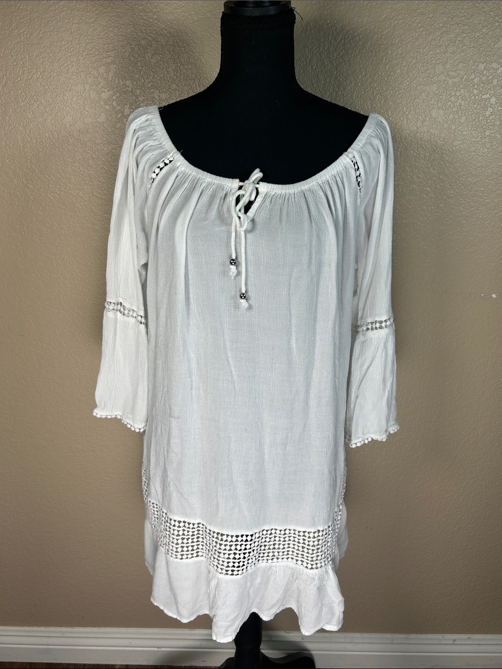 Double Decker White Boho Peasant Mini Dress / Beach Cover-Up – L/XL